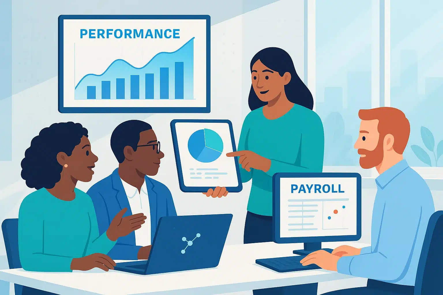 Réunion d'équipe dédiée à SAP HCM avec des graphiques de performance et de paie affichés sur des écrans