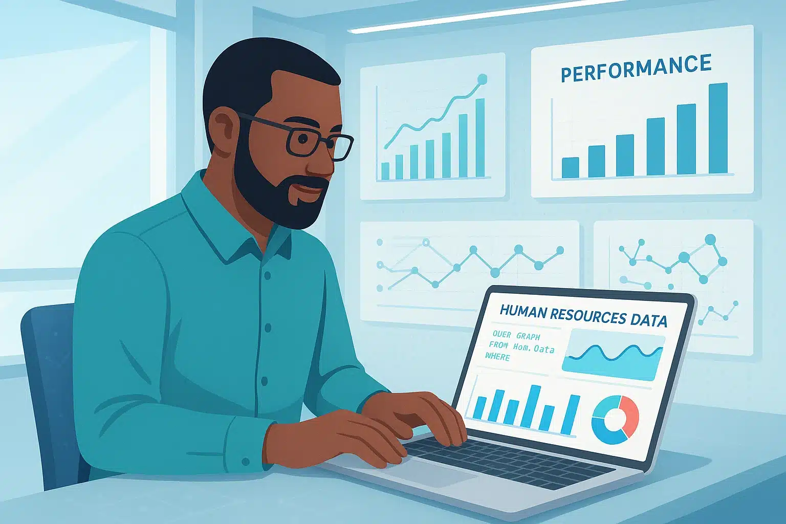 Professionnel des ressources humaines examinant des données sur un ordinateur, avec des graphiques de performance affichés à l'arrière-plan liés à SAP HCM.