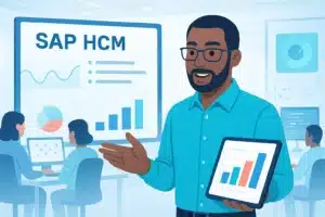 Un professionnel présente SAP HCM avec des graphiques et des données sur un écran, illustrant l'analyse des ressources humaines.