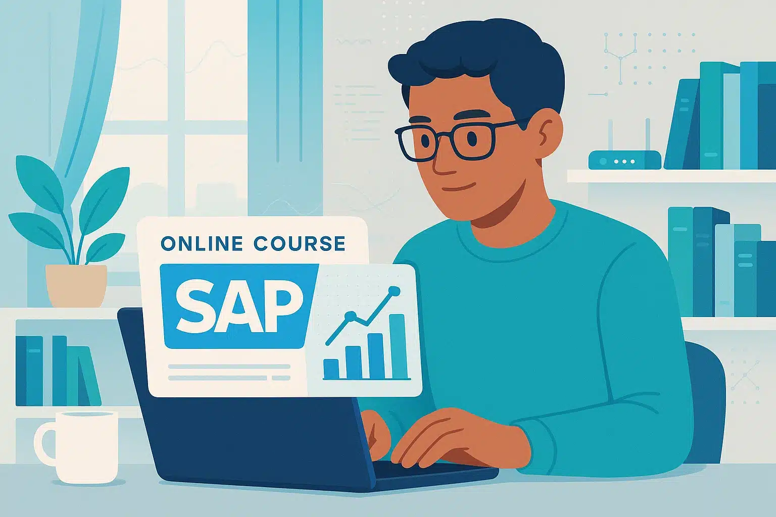 Illustration d'un étudiant suivant un cours en ligne sur SAP avec des graphiques de données sur son écran.
