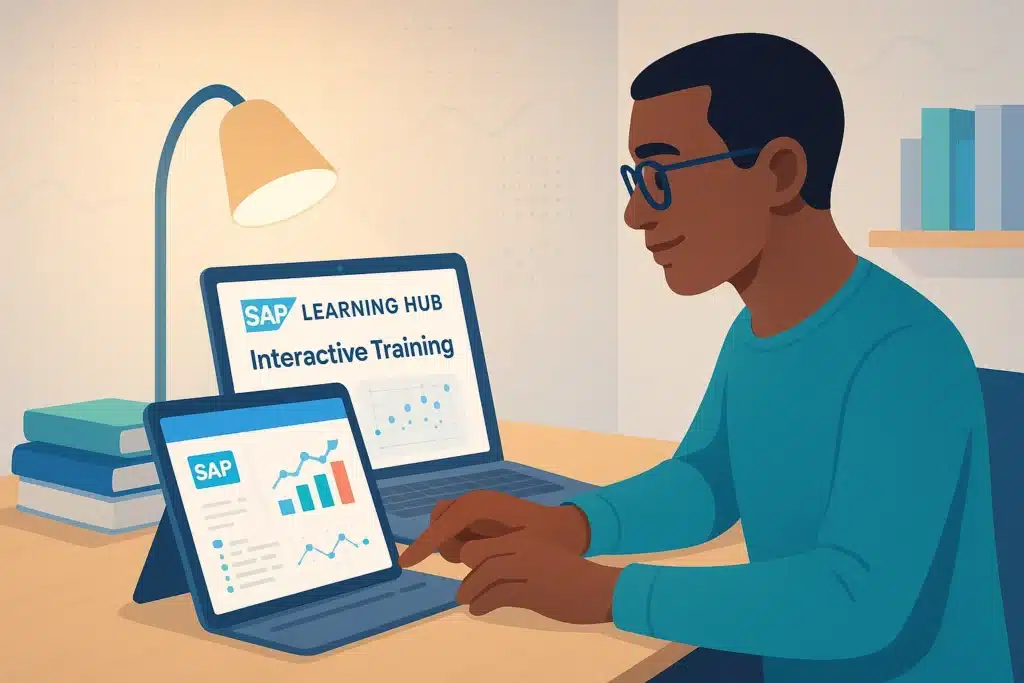 Personne utilisant le SAP Learning Hub pour une formation interactive sur un ordinateur portable, avec un graphique de données visible sur l'écran.