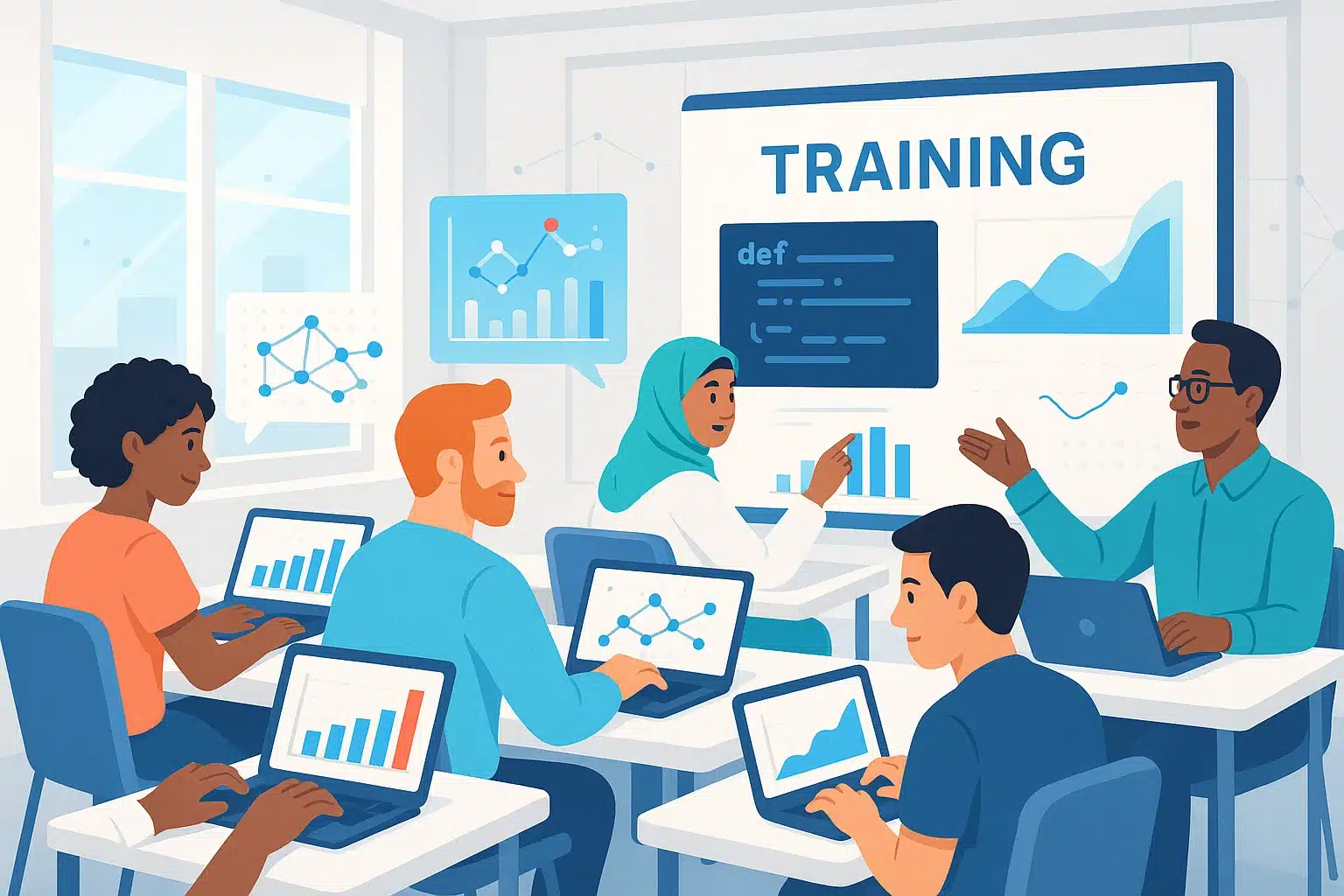 Groupe de professionnels en séance de formation sur SAP avec graphiques et données affichés.