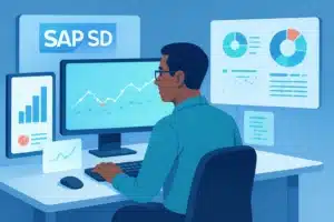 Personne utilisant SAP SD pour l'analyse de données avec des graphiques sur des écrans