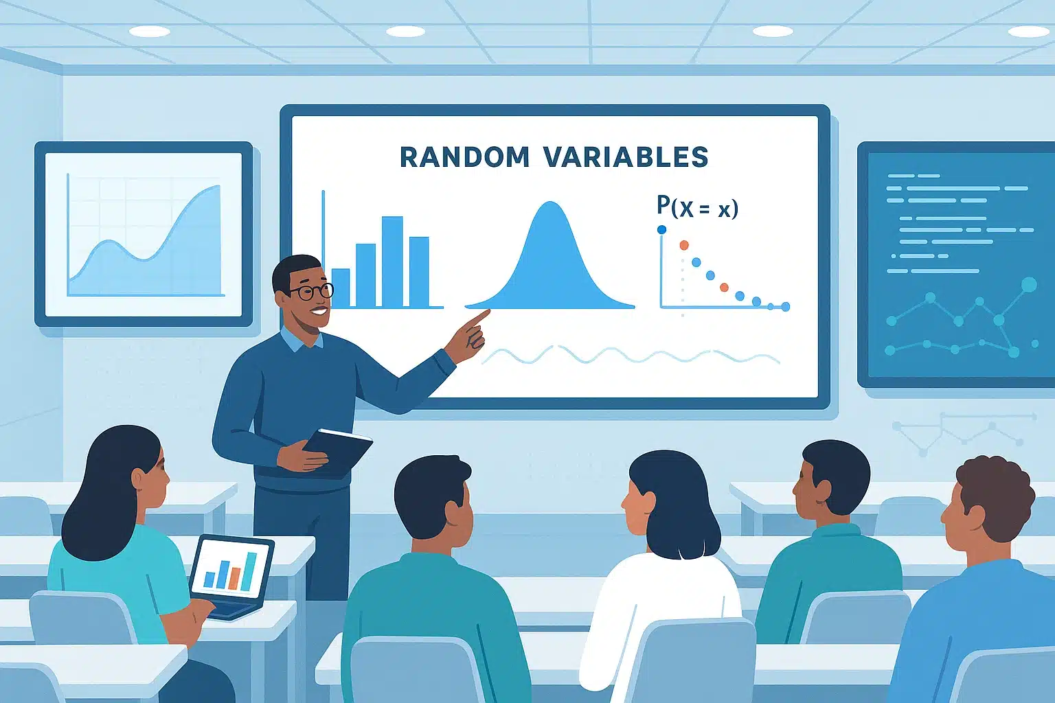 Un professeur enseignant la modélisation stochastique devant des graphiques de variables aléatoires à des étudiants dans une salle de classe.
