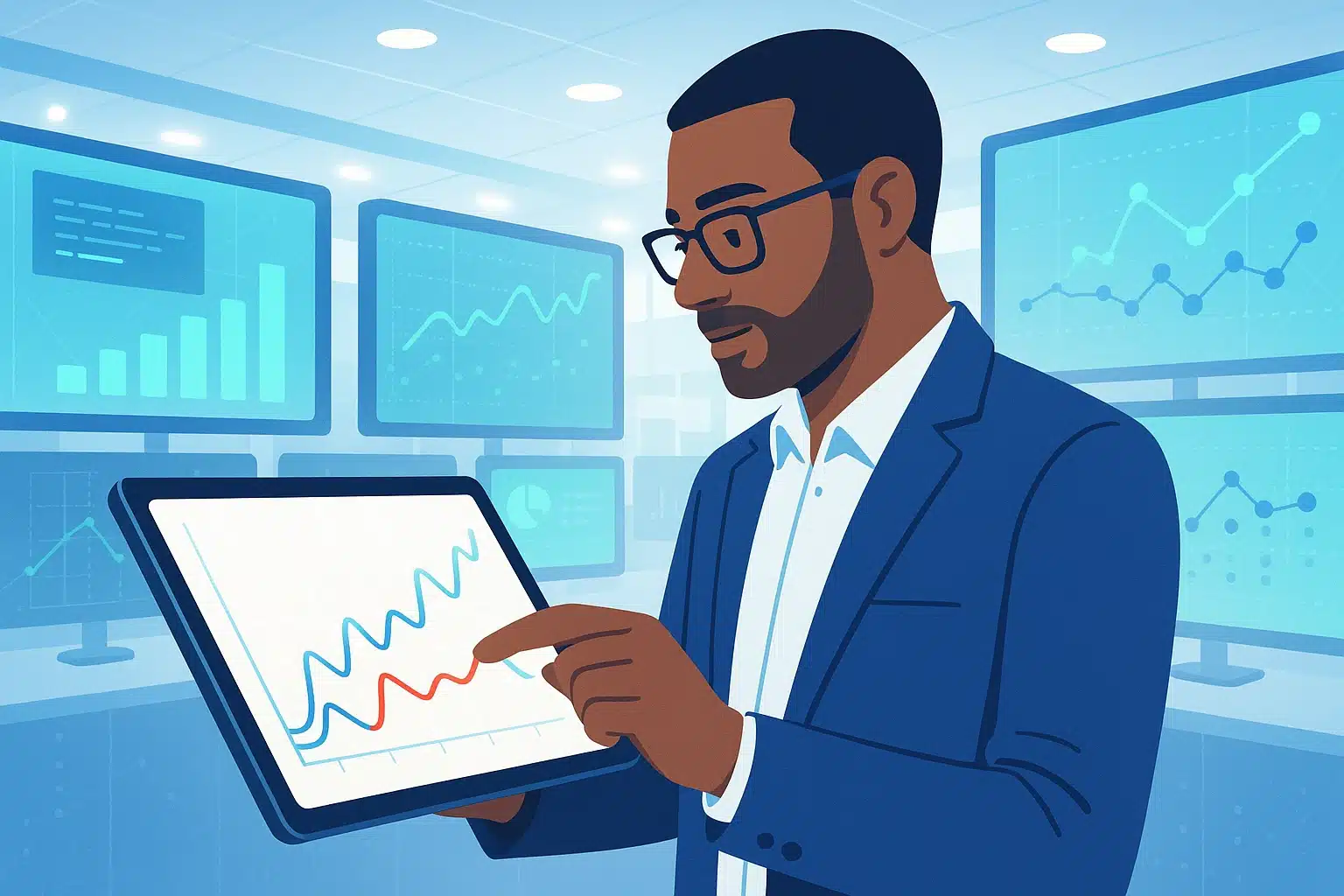 Un professionnel analysant des données sur une tablette, illustrant la modélisation stochastique avec des graphiques et tendances affichés sur des écrans en arrière-plan.