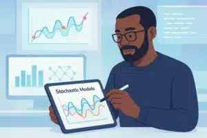 Personne utilisant une tablette pour illustrer des modèles stochastiques avec des graphiques de données.