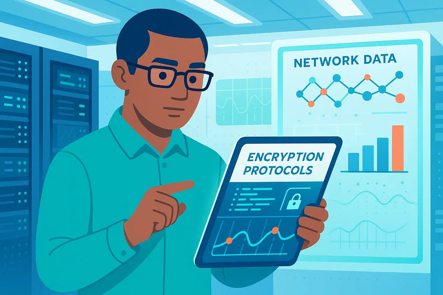 Personne examinant des protocoles de cryptage sur une tablette, avec des graphiques et des données réseau en arrière-plan, mettant en avant la sécurité TLS.
