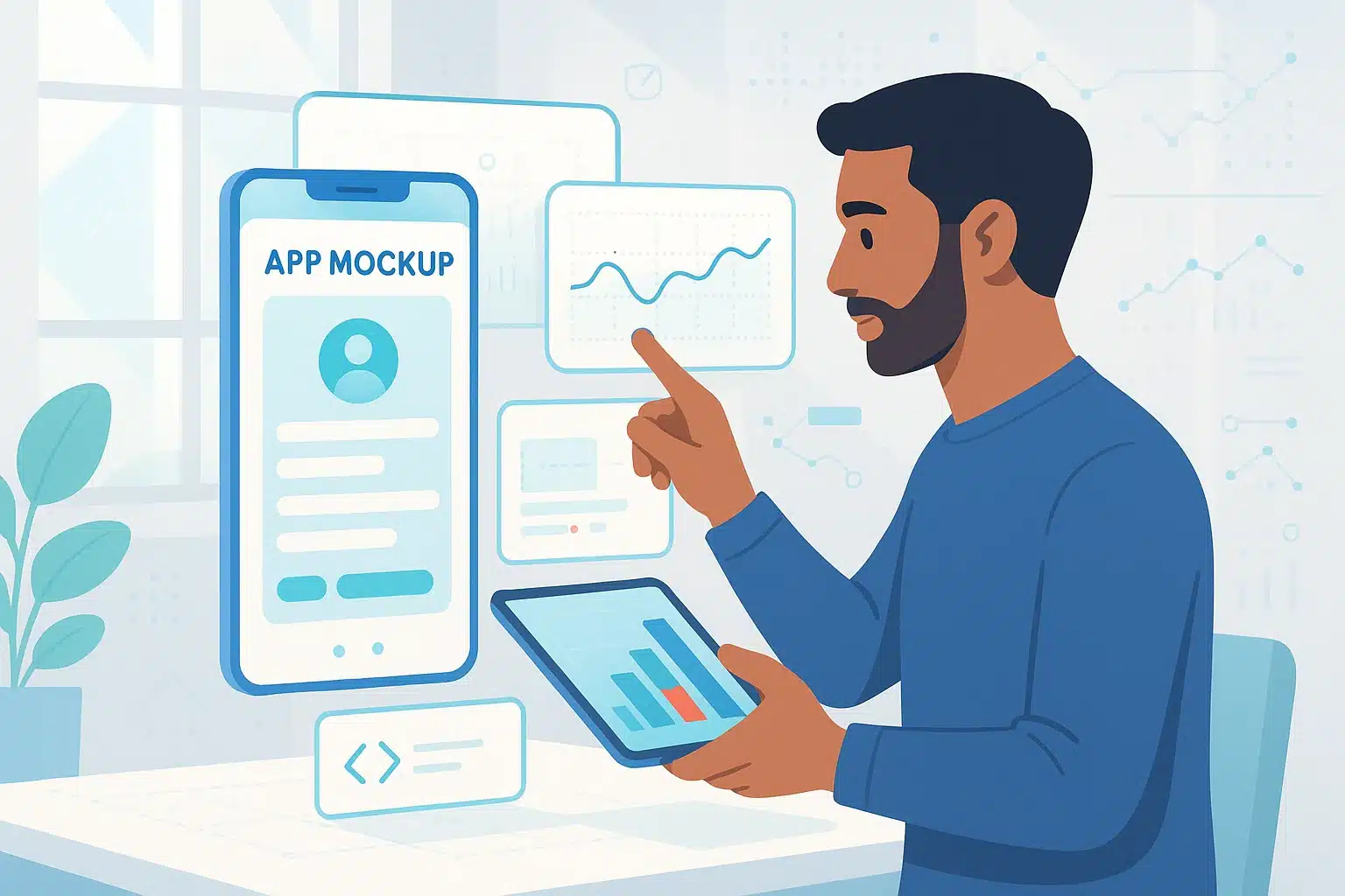 Illustration d'un homme interagissant avec une maquette d'application sur un smartphone et une tablette, mettant en avant des graphiques et des données, en lien avec Bubble.io.