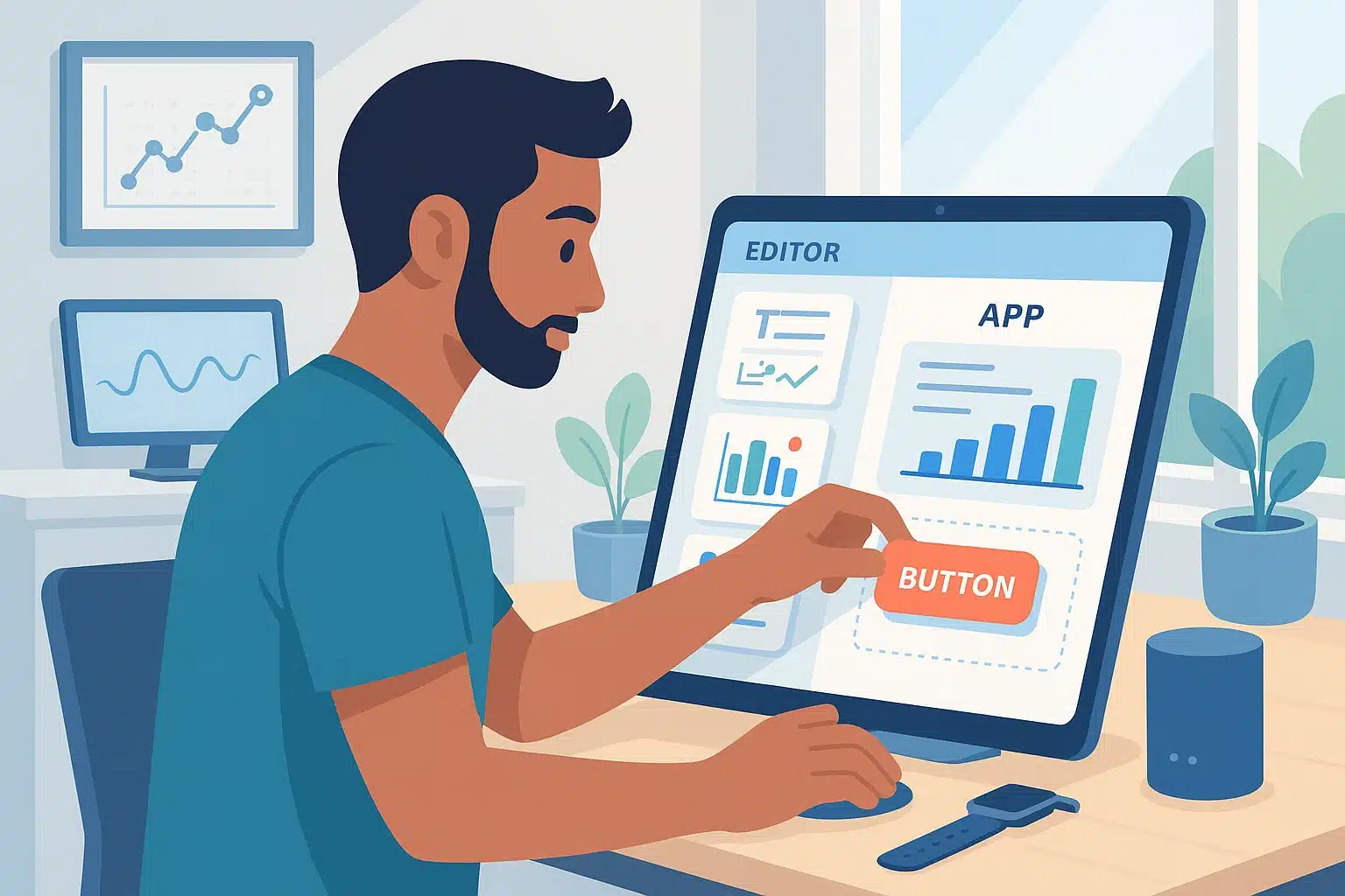 Personne utilisant l'éditeur Bubble.io pour créer une application, avec des graphiques et un bouton en évidence sur l'écran.