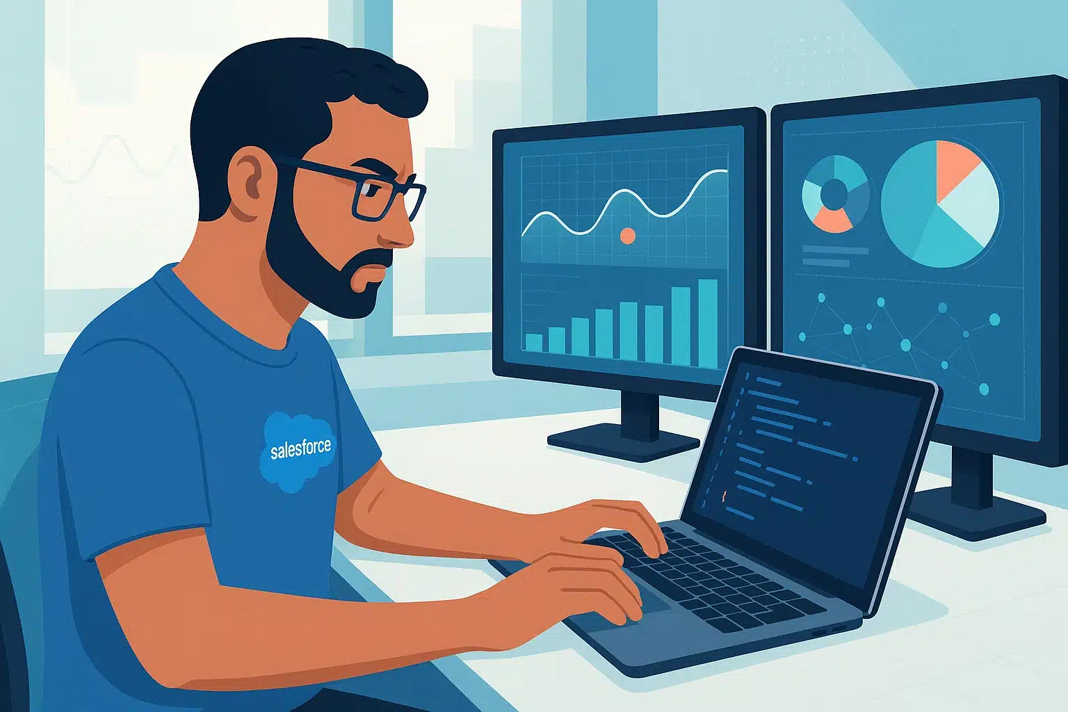 Développeur travaillant sur Salesforce Apex avec des graphiques de données affichés sur des écrans