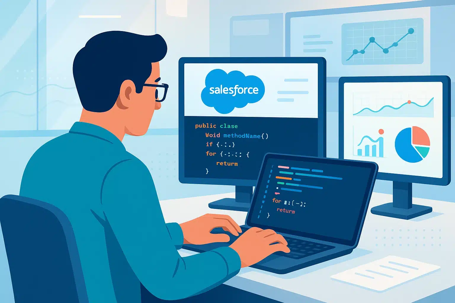 Développeur travaillant avec le langage de programmation Salesforce Apex sur un ordinateur portable, avec des graphiques de données affichés sur d'autres écrans.