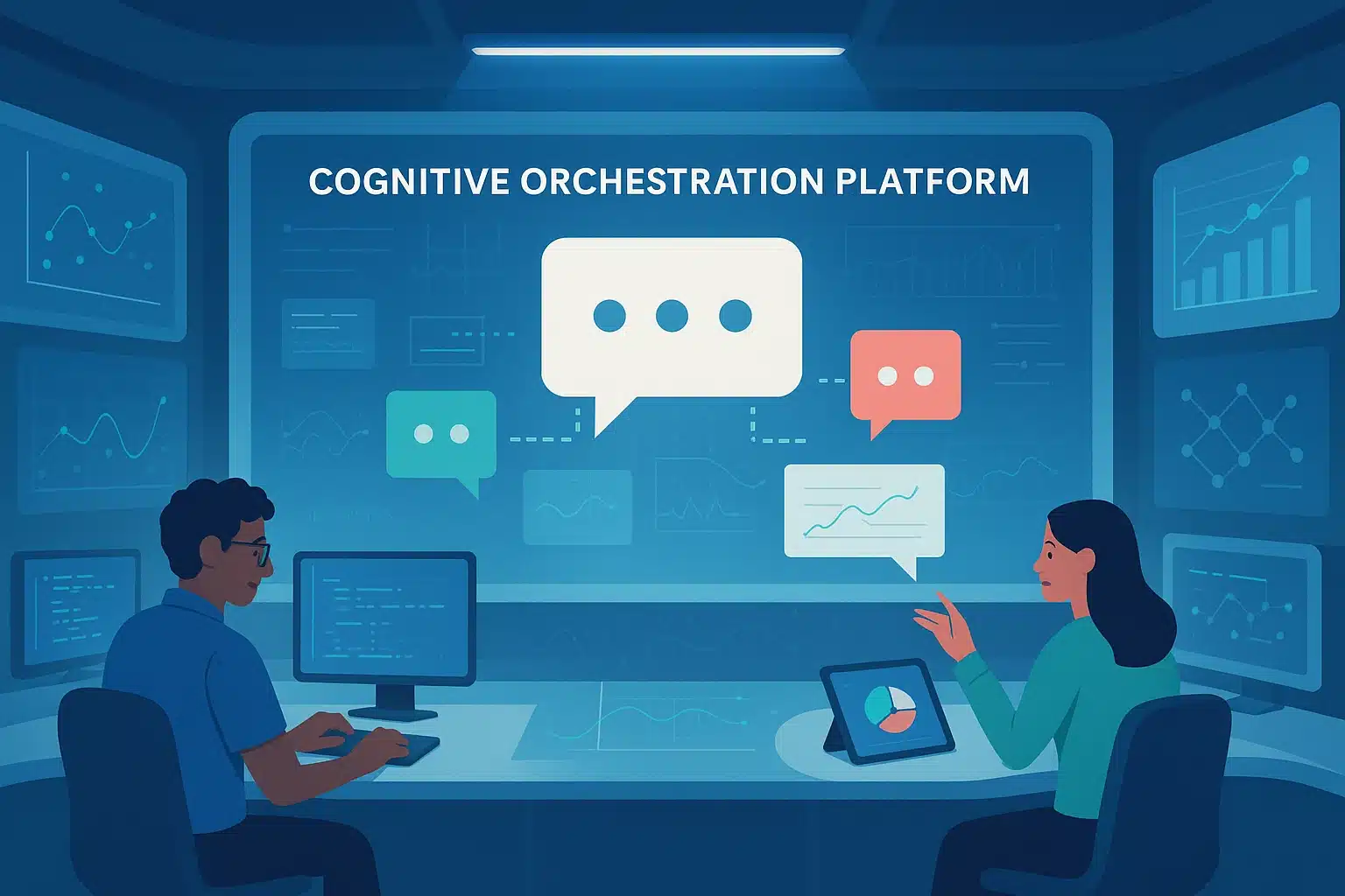 Deux personnes discutant sur une plateforme d'orchestration cognitive avec des graphiques et des données affichées.