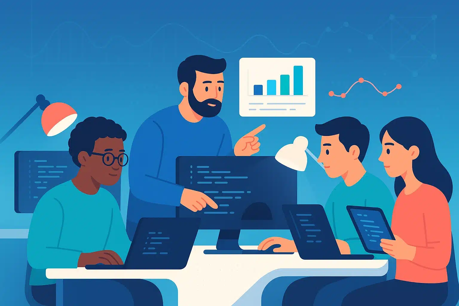 Équipe de travail collaborant sur des ordinateurs, discutant des graphiques de performance, illustrant le concept d'autogénération.