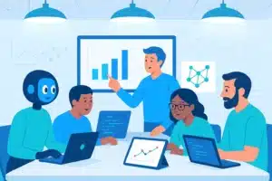 Équipe diversifiée en réunion, utilisant des ordinateurs portables et une tablette, examinant des graphiques de données sur un écran, illustrant l'automatisation des analyses avec Autogen.