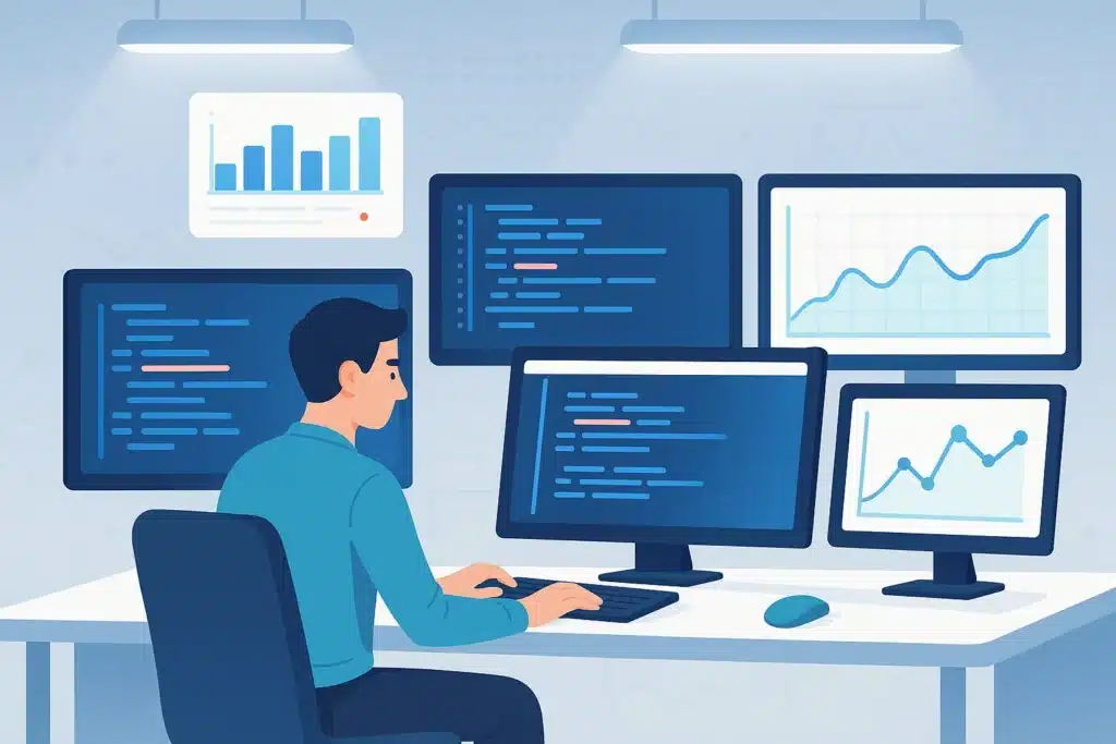 Illustration d'un professionnel travaillant avec plusieurs écrans affichant des graphiques et du code, représentant l'utilisation de l'IA dans l'analyse de données.