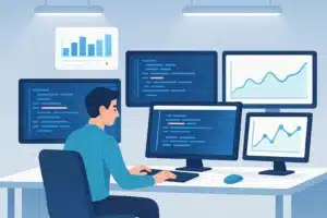 Illustration d'un professionnel travaillant avec plusieurs écrans affichant des graphiques et du code, représentant l'utilisation de l'IA dans l'analyse de données.