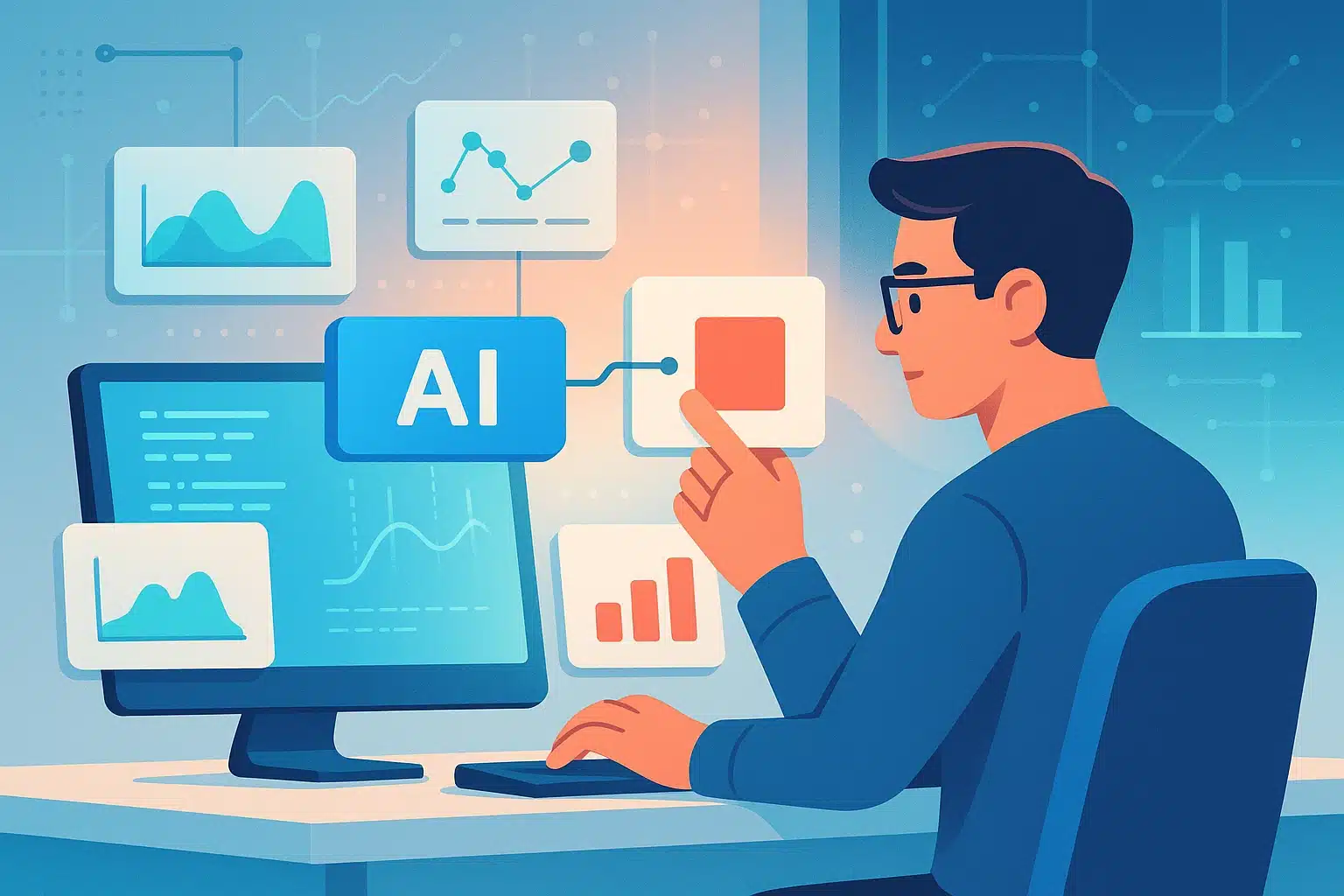 Illustration d'une personne interagissant avec un ordinateur, visualisant des graphiques et des données pour l'analyse grâce à LangChain et à l'intelligence artificielle.