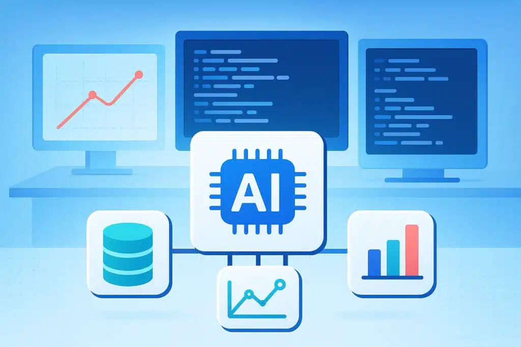 Illustration représentant l'architecture LangChain avec des éléments d'intelligence artificielle et des graphiques de données.