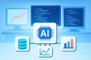 Illustration représentant l'architecture LangChain avec des éléments d'intelligence artificielle et des graphiques de données.