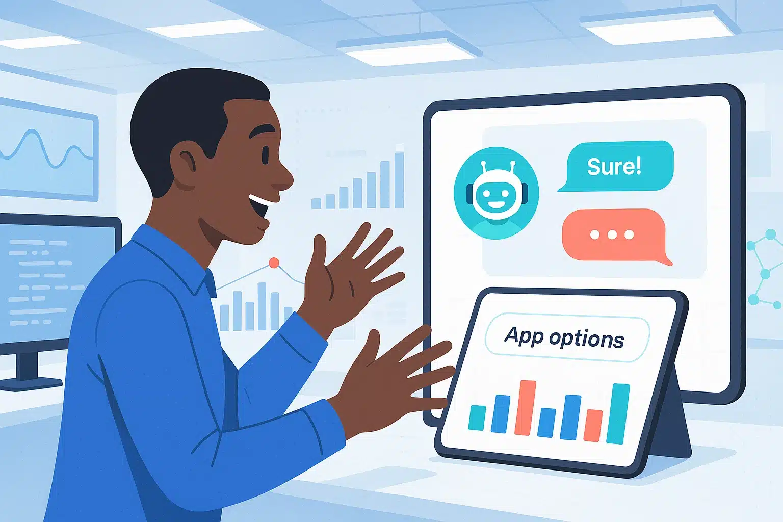 lovable-datascientest-1 Homme souriant interagissant avec un chatbot sur un écran, affichant des options d'applications, illustrant une expérience utilisateur aimable.