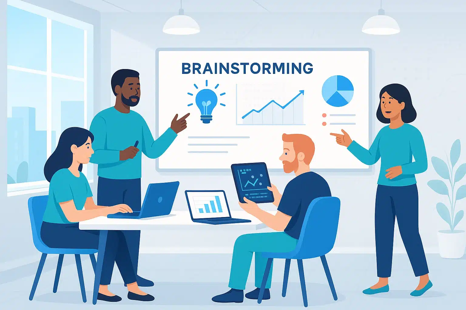 Équipe en réunion de brainstorming autour d'une table, discutant d'idées et de données avec des ordinateurs portables et une tablette, dans une ambiance collaborative et chaleureuse.