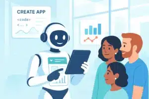 Un robot aimable montrant un tableau de données à des utilisateurs intéressés dans un environnement moderne de création d'applications.