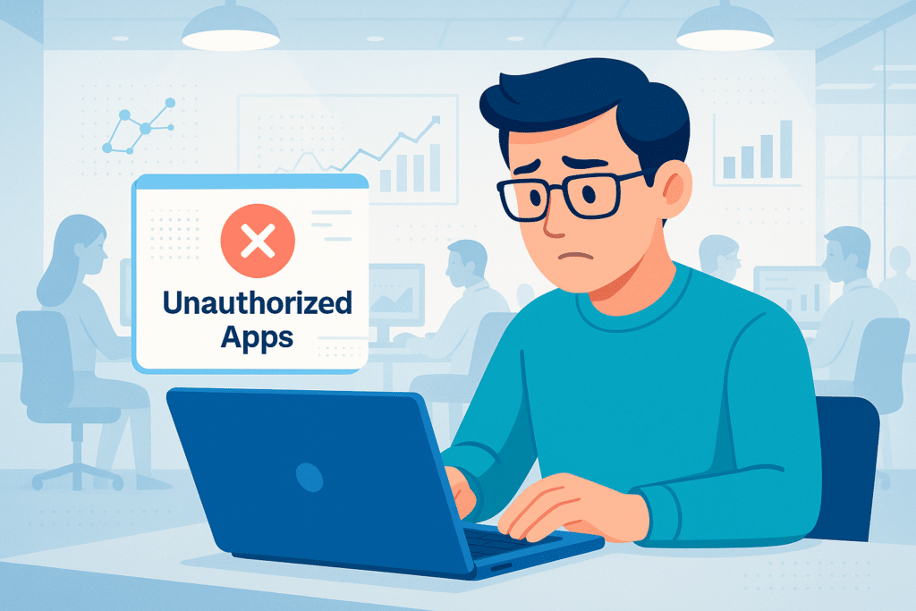 Employé confronté à un message d’erreur lié à une application non autorisée, illustrant les risques du Shadow IT en entreprise.
