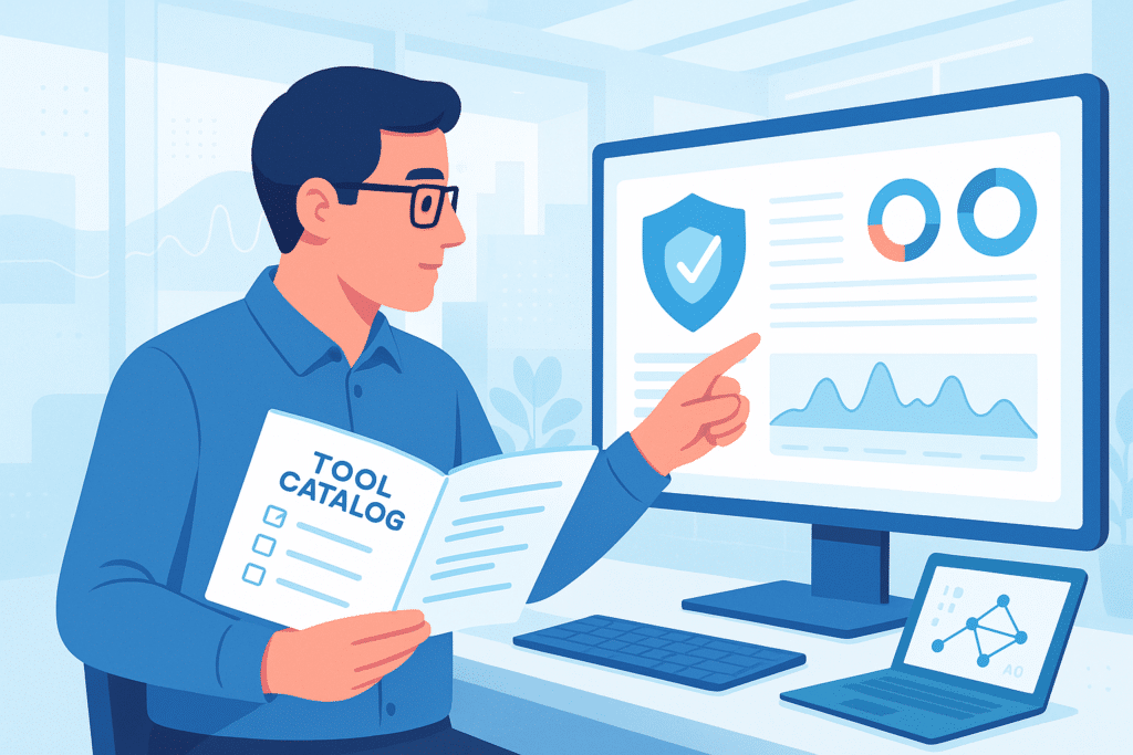 Professionnel comparant les outils autorisés via un catalogue pour limiter les risques liés au Shadow IT et sécuriser le système d’information.