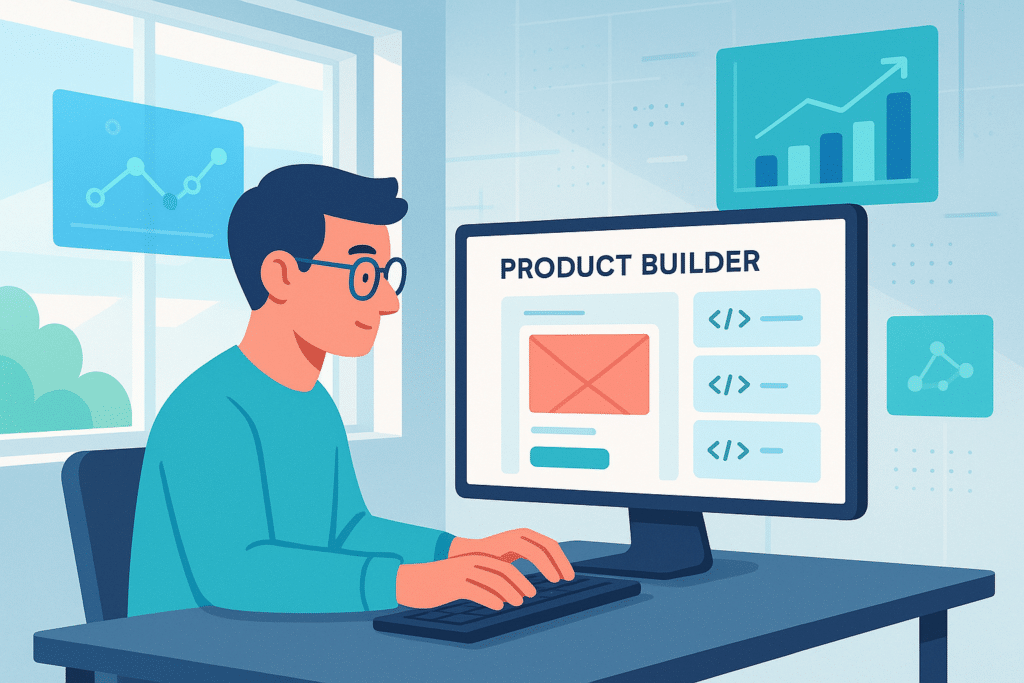 Utilisateur développant une interface avec un product builder no-code, facilitant la création d’applications sans écrire de code.