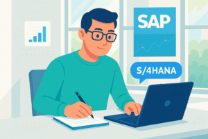 Ătudiant prĂ©parant une certification SAP S/4HANA sur ordinateur, avec prise de notes dans un environnement de travail lumineux et structurĂ©.