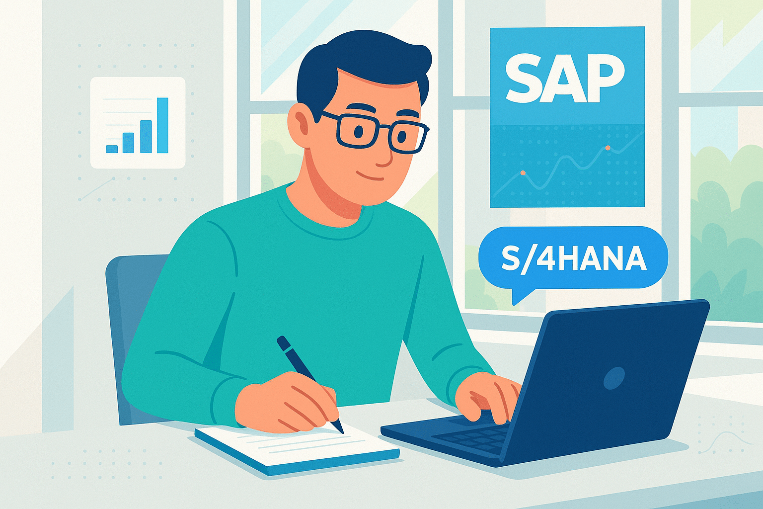 Étudiant préparant une certification SAP S/4HANA sur ordinateur, avec prise de notes dans un environnement de travail lumineux et structuré.