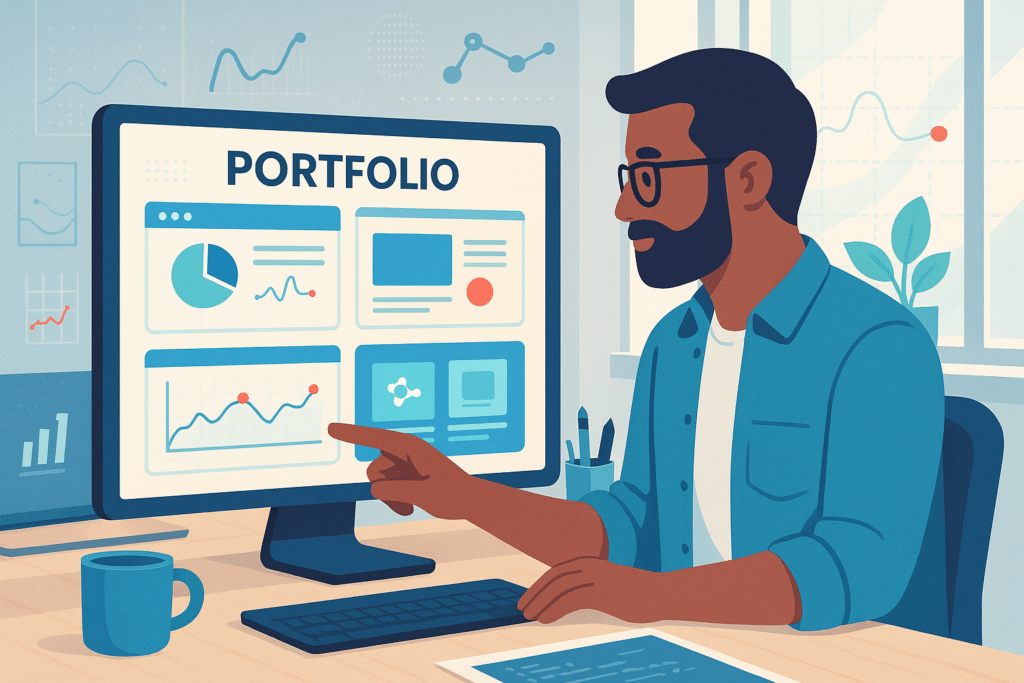 Illustration d'un designer web travaillant sur un portfolio numérique avec des graphiques et des statistiques sur un écran d'ordinateur.