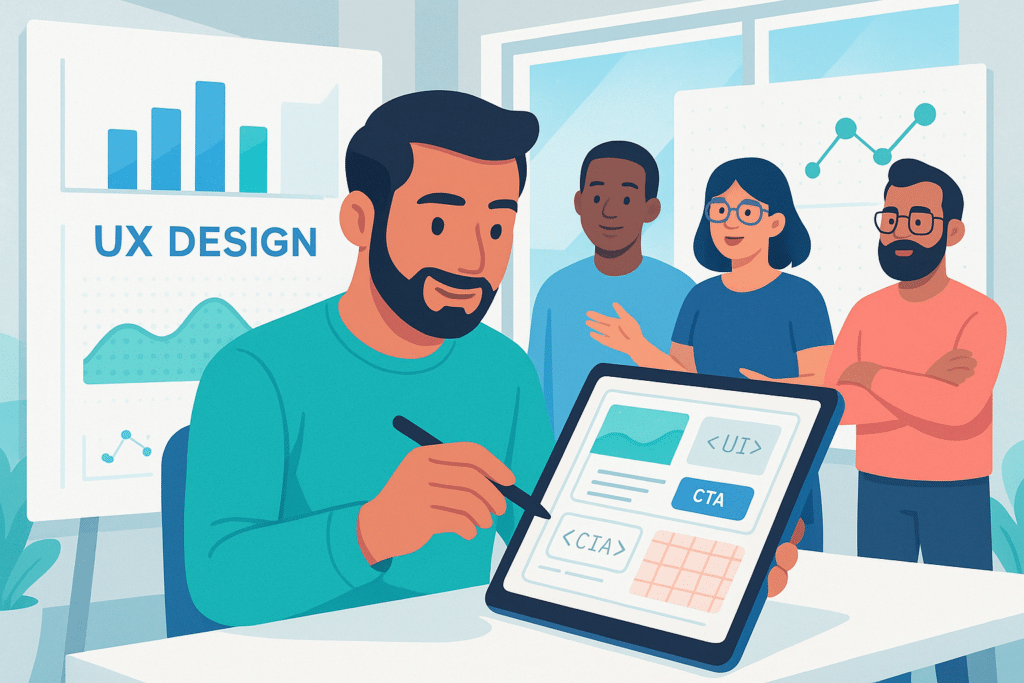 Un designer UX travaillant sur un prototype sur une tablette pendant que son équipe l'observe, avec des graphiques en arrière-plan illustrant des données de design.