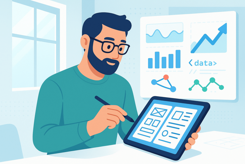 Illustration d'une personne utilisant une tablette pour analyser des données graphiques lors d'une séance de prototypage.