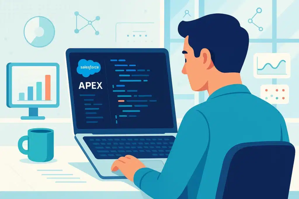 Développeur de logiciels travaillant sur Salesforce Apex, avec un graphique et des données à l'écran.
