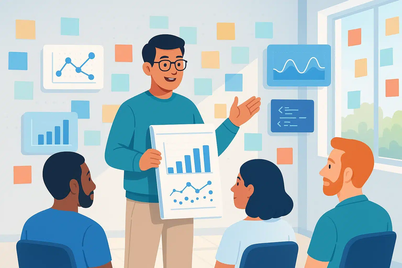 Un animateur présentant un graphique lors d'une réunion sur le design thinking, illustrant le processus du double diamant.