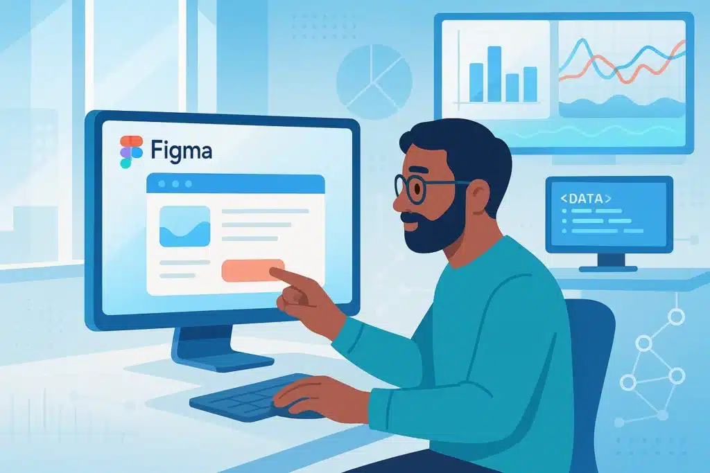 Illustration d'un utilisateur interagissant avec Figma sur un ordinateur, avec des graphiques de données en arrière-plan.