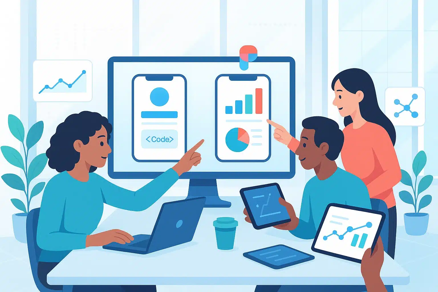 Équipe collaborant sur des designs dans Figma, utilisant des ordinateurs et tablettes pour visualiser des graphiques et des prototypes d'applications.