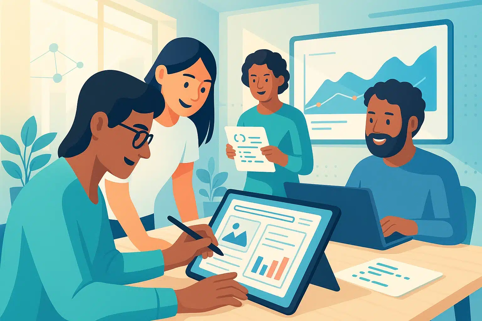 Équipe collaborant sur un projet de design avec Figma, utilisant une tablette et un ordinateur portable pour visualiser des graphiques et des données.