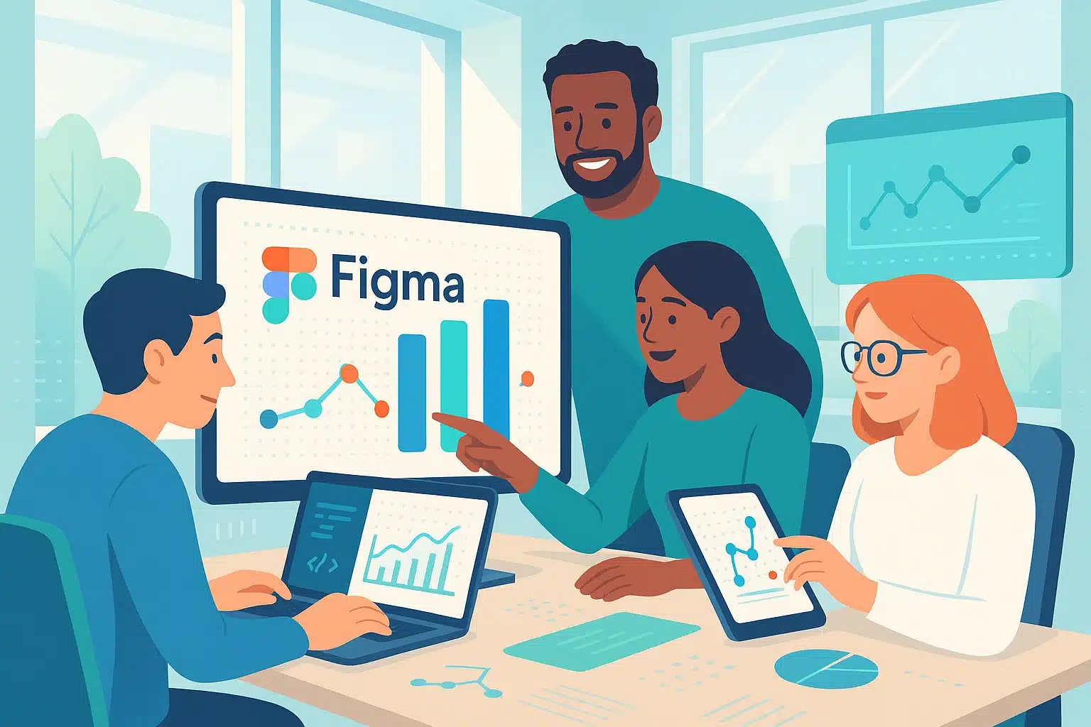 Quatre personnes collaborant sur Figma, avec des graphiques et des données affichés sur un écran. Un membre pointe vers des barres représentant les tendances des données.
