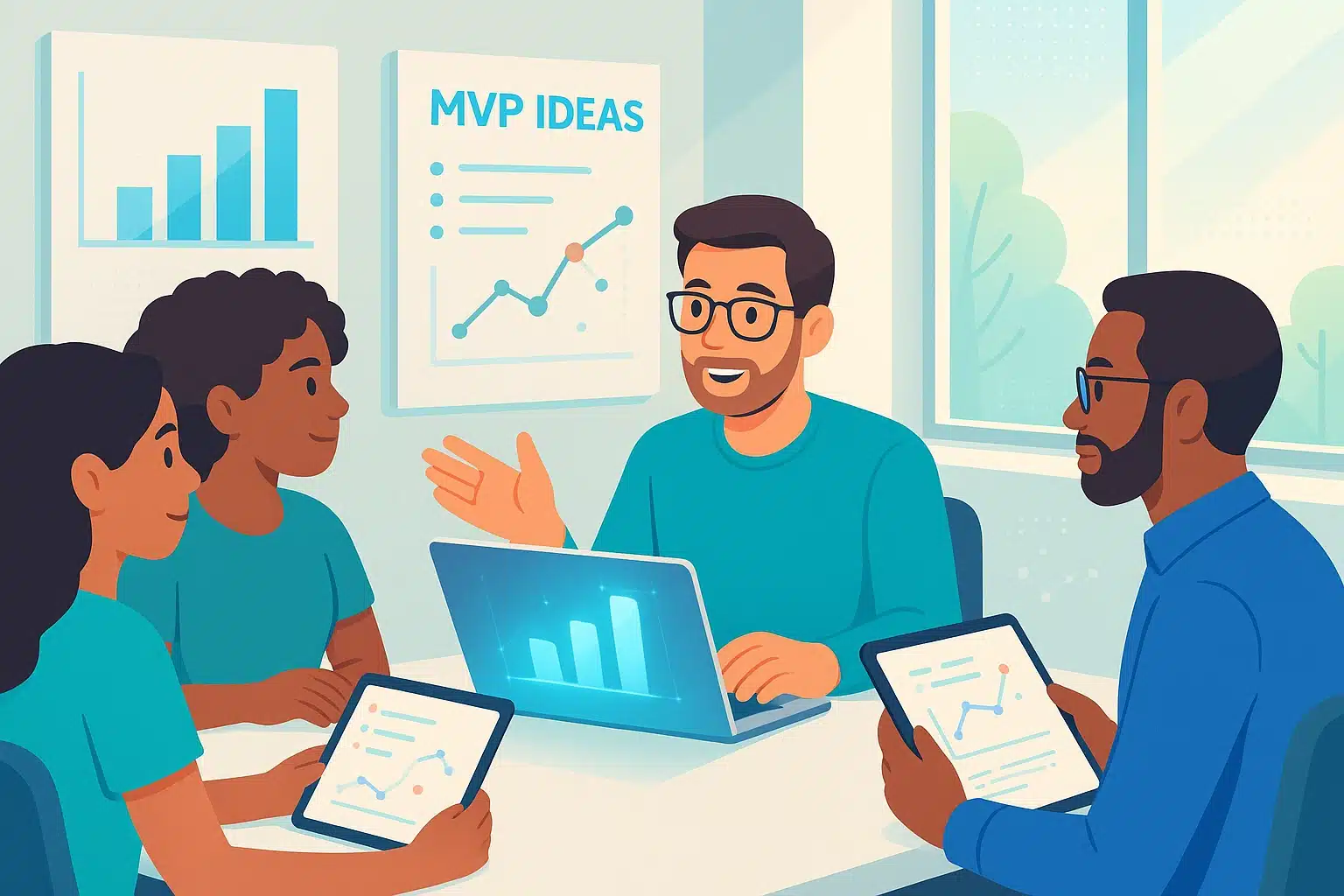 Réunion d'équipe autour d'un produit minimum viable, avec un tableau de graphiques et des idées sur les MVP.