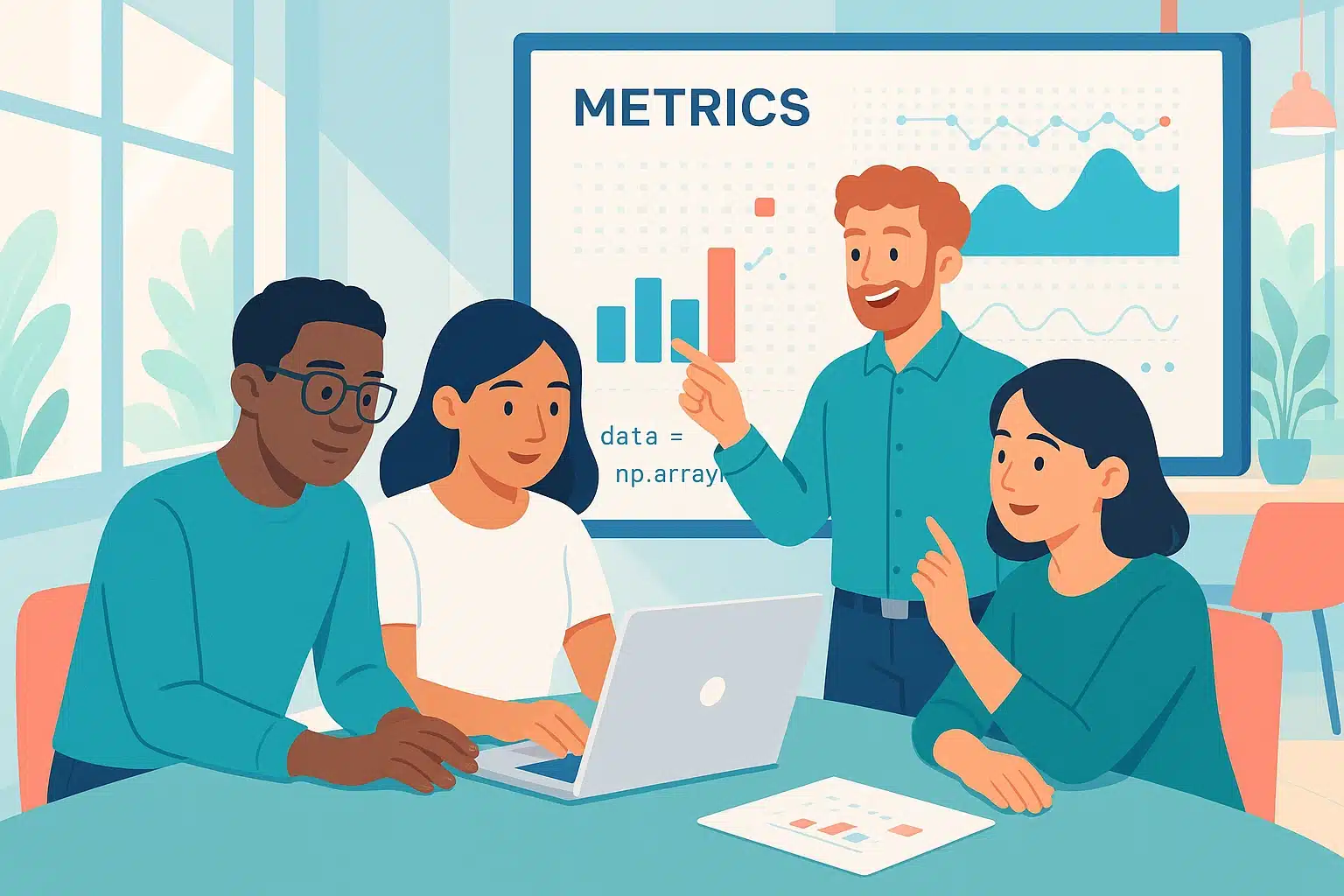 Équipe en réunion analysant des métriques et un produit minimum viable sur un ordinateur portable, avec des graphiques affichés à l'écran.