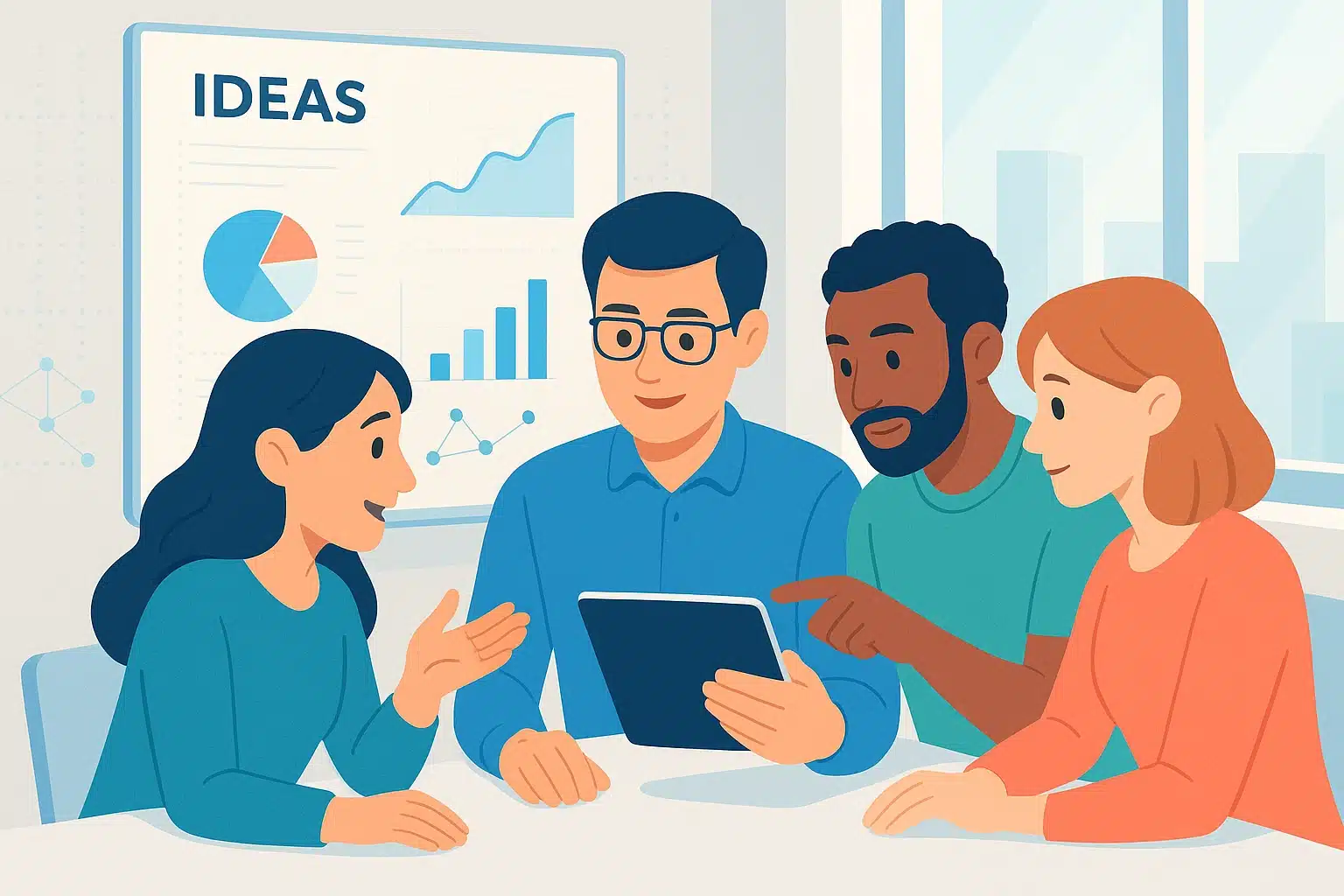 Groupe de quatre personnes discutant d'un produit minimum viable autour d'une tablette, avec des graphiques en arrière-plan sur des tendances et idées.