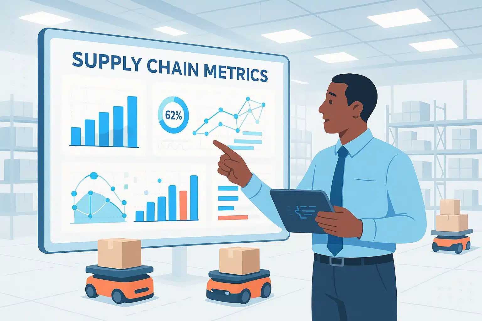 Professionnel analysant des métriques de chaîne d'approvisionnement sur un écran, en utilisant un logiciel WMS