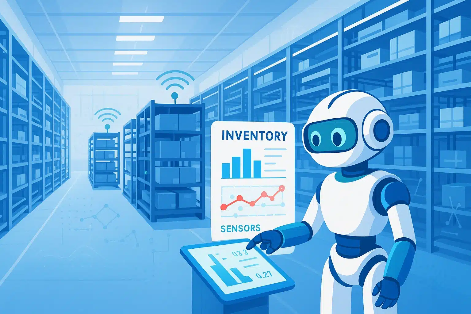 Robot utilisant un système de gestion d'entrepôt (WMS) pour contrôler l'inventaire avec des graphiques et des capteurs en arrière-plan.