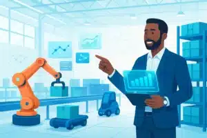 Illustration représentant un professionnel montrant des données relatives à un système de gestion d'entrepôt (WMS) avec des graphiques numériques en arrière-plan.