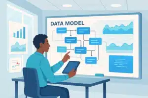 Illustration d'un professionnel analysant un modèle de données sur un écran avec divers graphiques et visualisations.