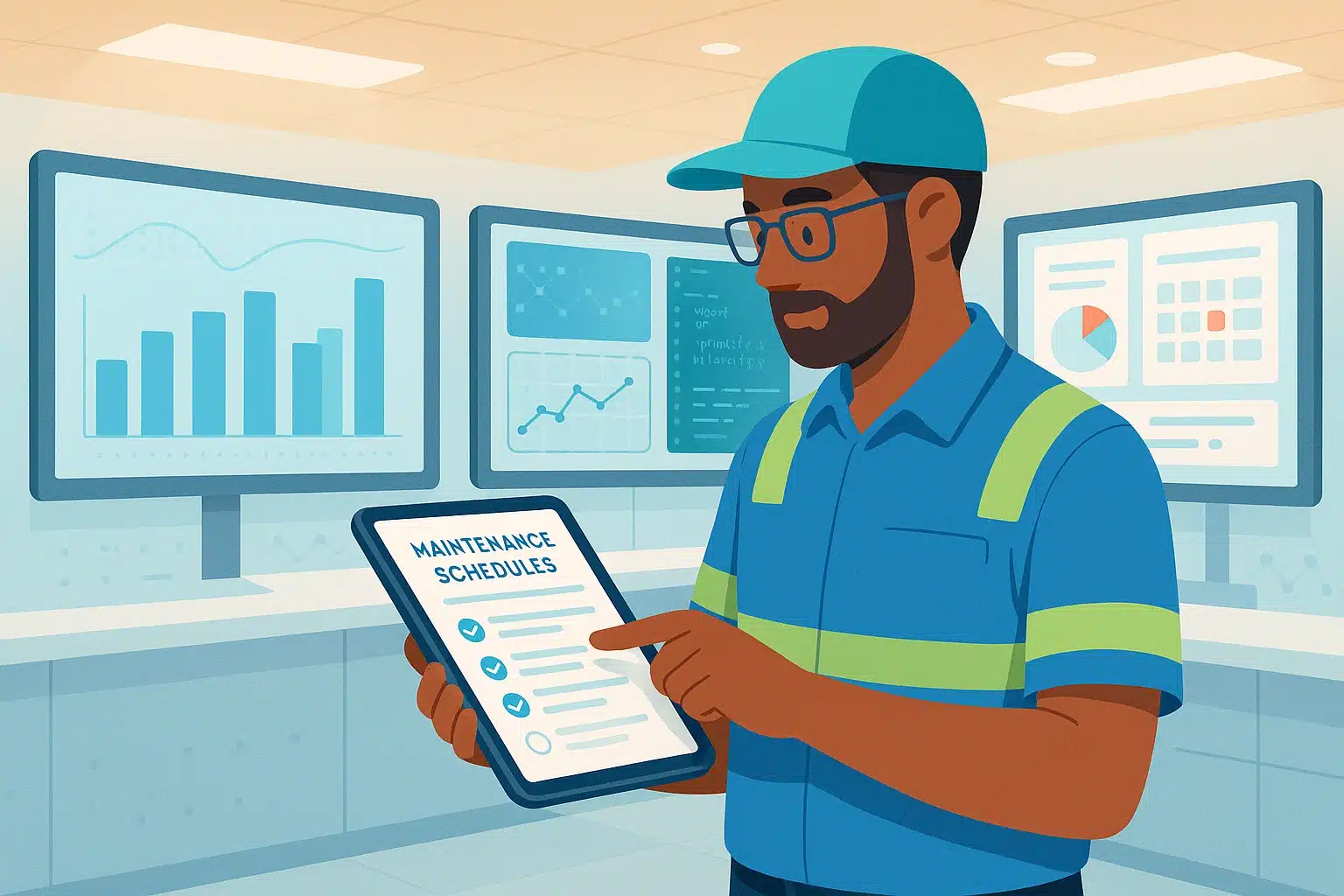 Technicien en maintenance consultant un programme de GMAO sur une tablette, avec des graphiques de données en arrière-plan.