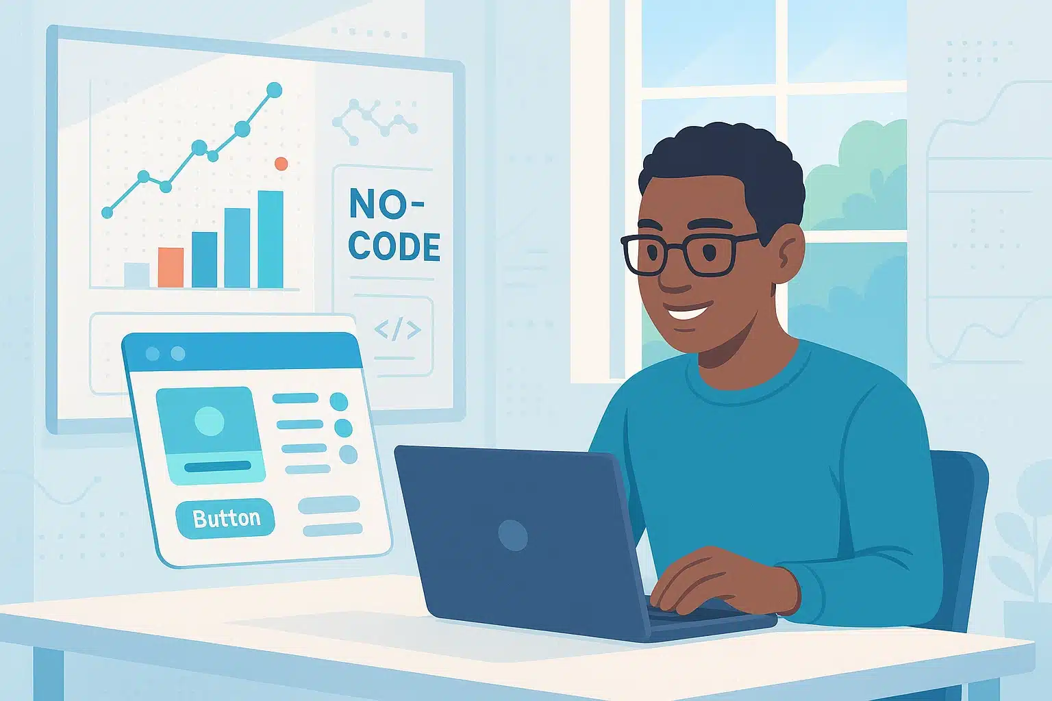 Personne travaillant sur un ordinateur portable, illustrant un environnement de travail sans code avec des graphiques et des outils de développement visuel.