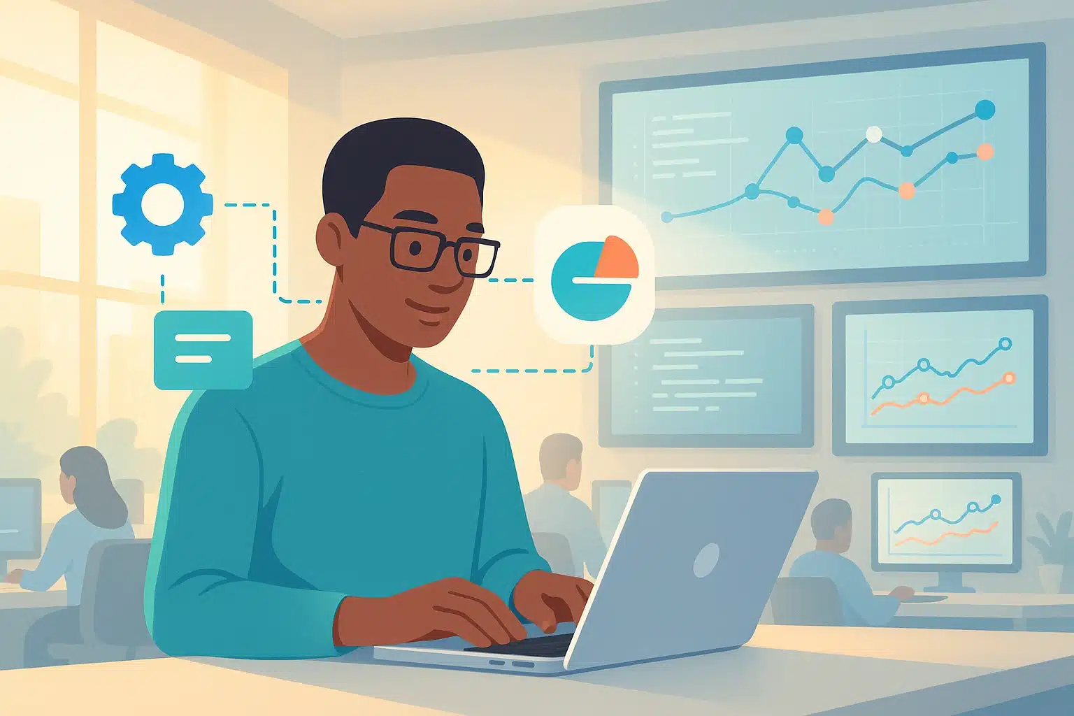 Professionnel travaillant sur un ordinateur portable pour des emplois sans code, visualisant des graphiques et des analyses de données.